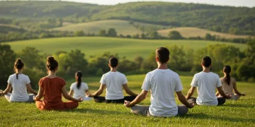 Group meditating outdoors in nature, embodying spiritual resilience and inner peace.