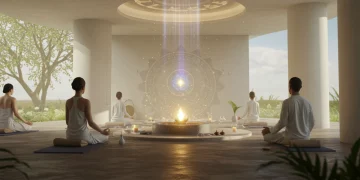 Serene future spiritual wellness scene with meditation and energy healing