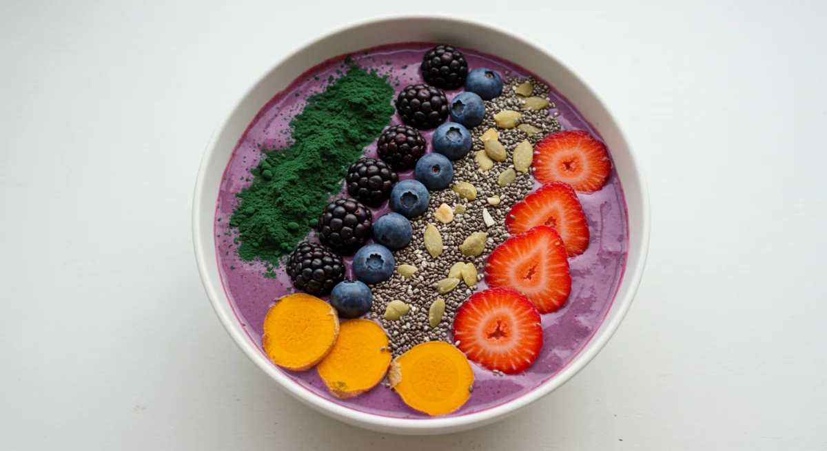 Superfood smoothie bowl with spirulina and turmeric for daily wellness