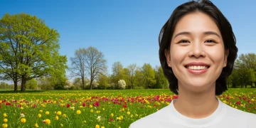 Smiling person enjoying a clear spring day, free from allergy symptoms, surrounded by nature.