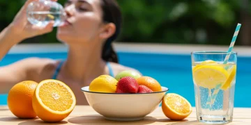 Refreshing summer scene with various hydration options like water, fruit-infused drinks, and fresh produce, promoting optimal wellness.