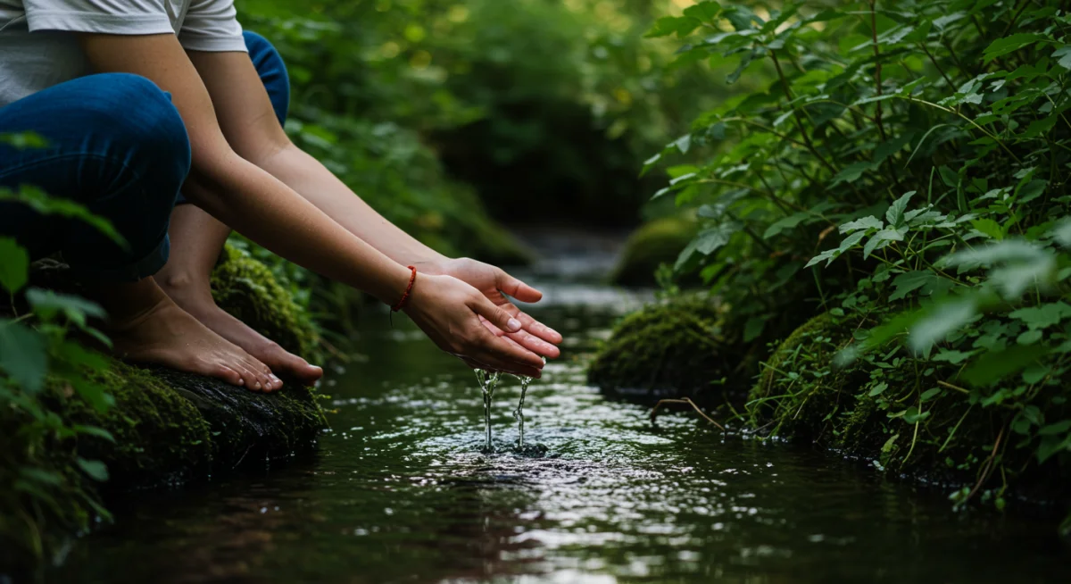 Person performing water purification ritual in a stream