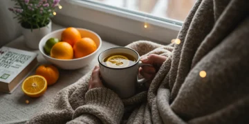 Person relaxing with herbal tea, surrounded by natural elements for winter wellness and immunity boost.