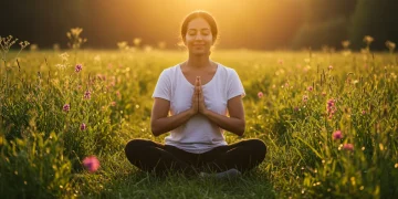 Woman meditating at sunrise, embodying peace and cultivating daily gratitude