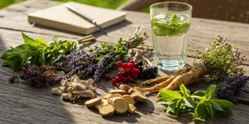 Assortment of fresh American herbs, roots, and berries for natural detox