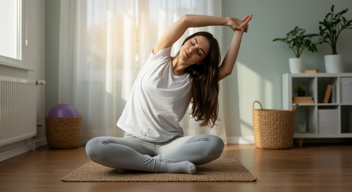 Person performing gentle evening stretches for better sleep.