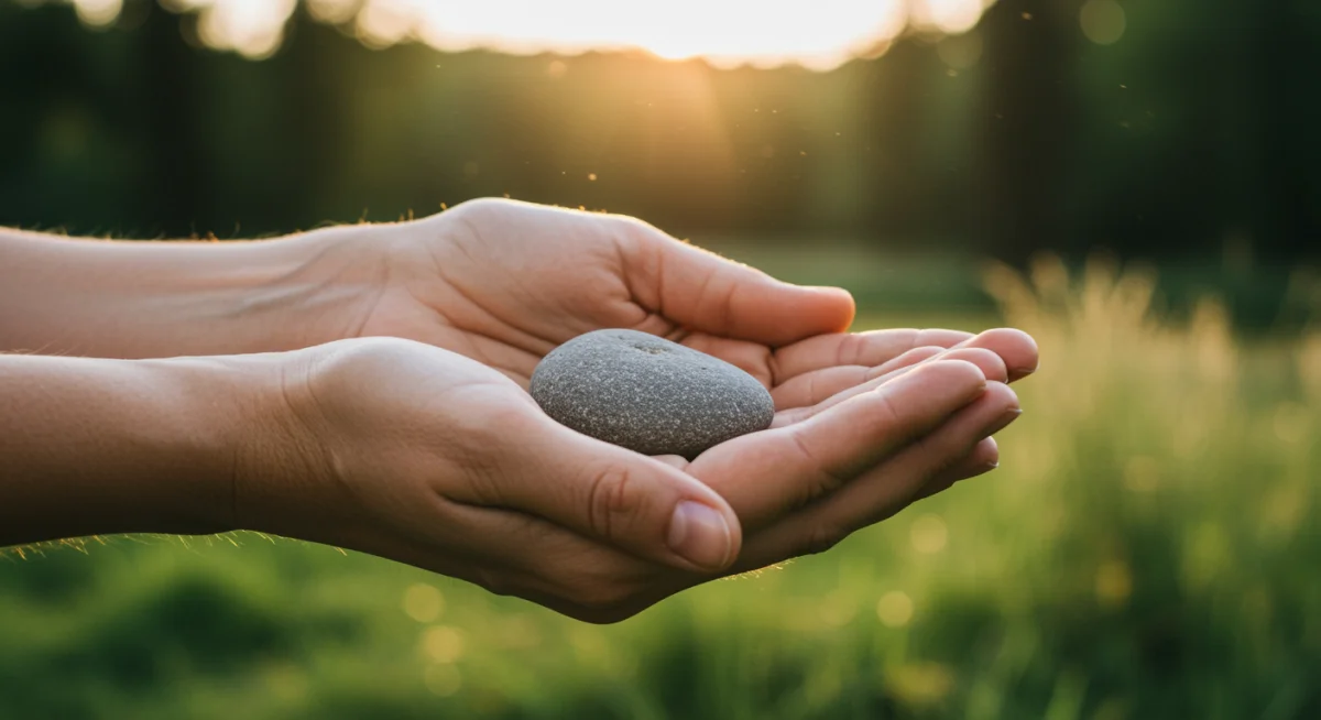 Hands holding a smooth river stone, symbolizing tactile grounding