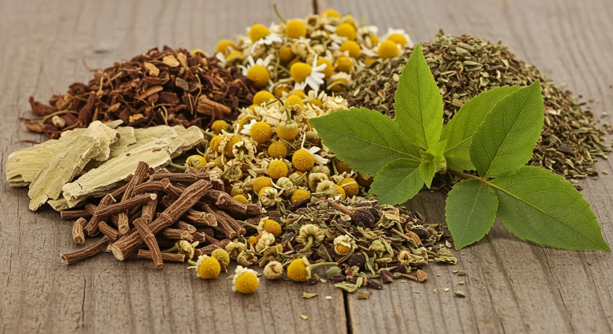 Assortment of dried herbs for natural sleep remedies, including valerian and chamomile