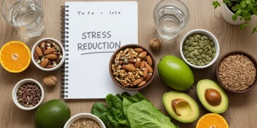 Assortment of fresh holistic foods for stress reduction