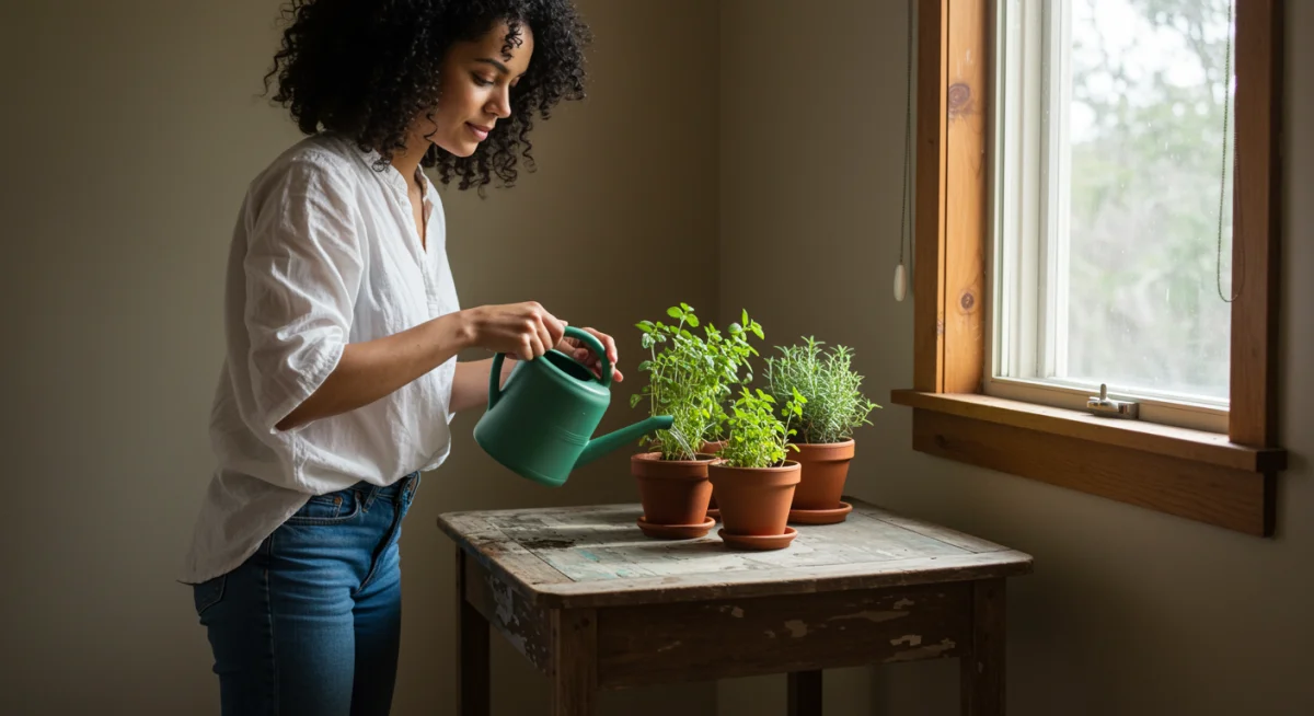 Person mindfully tending an indoor herb garden, connecting with nature.