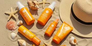 Collection of natural sunscreens on a beach towel with seashells, symbolizing effective summer skin protection.