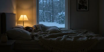 Peaceful bedroom scene with a person sleeping soundly during winter, promoting restful sleep.