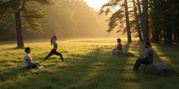 Diverse group practicing spiritual wellness strategies in a serene American landscape at dawn.