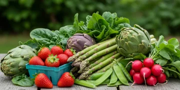 Vibrant spring produce like strawberries, asparagus, and spinach, rich in antioxidants, displayed on a wooden table.