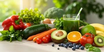 Vibrant spring produce and detoxifying ingredients arranged on a wooden table, symbolizing a natural cleanse.