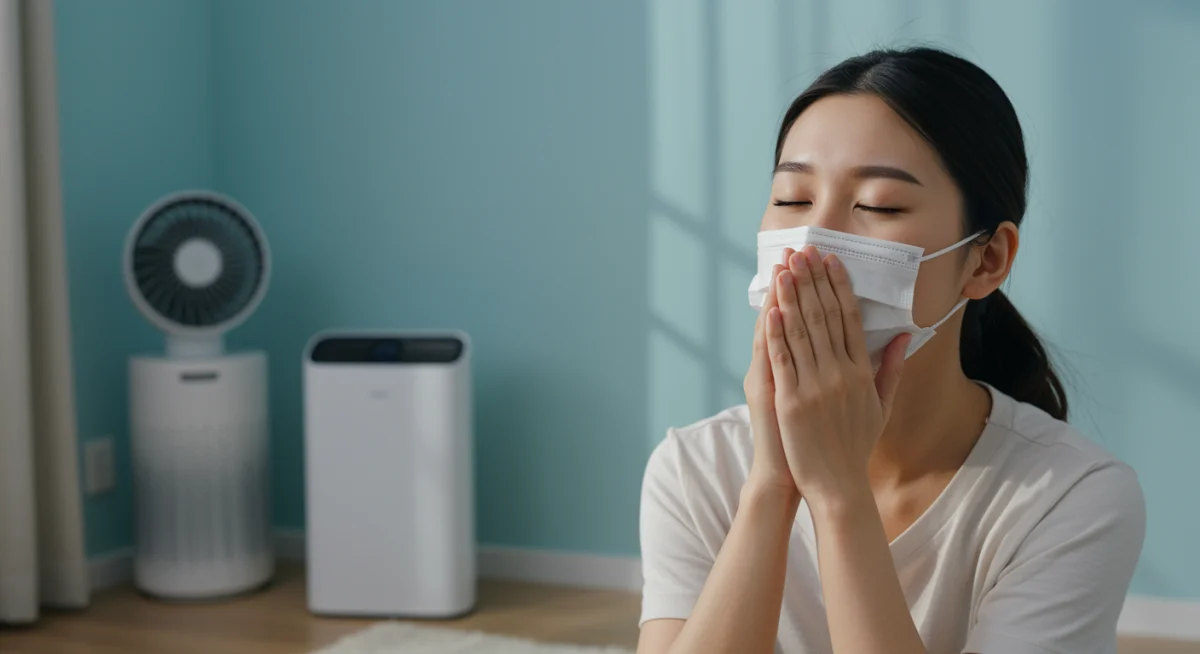 Person taking a deep, clear breath in a clean, calm indoor environment, signifying allergy symptom relief.