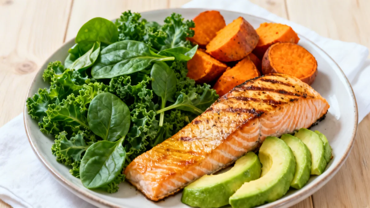 Balanced meal with salmon, sweet potato, and leafy greens for improved sleep