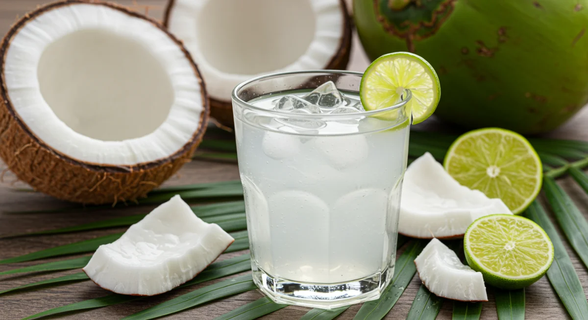 Coconut water with lime, a natural electrolyte drink