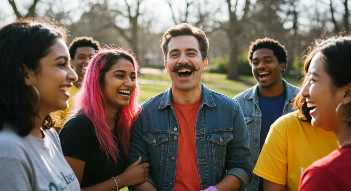 Diverse group laughing and connecting during a community activity.