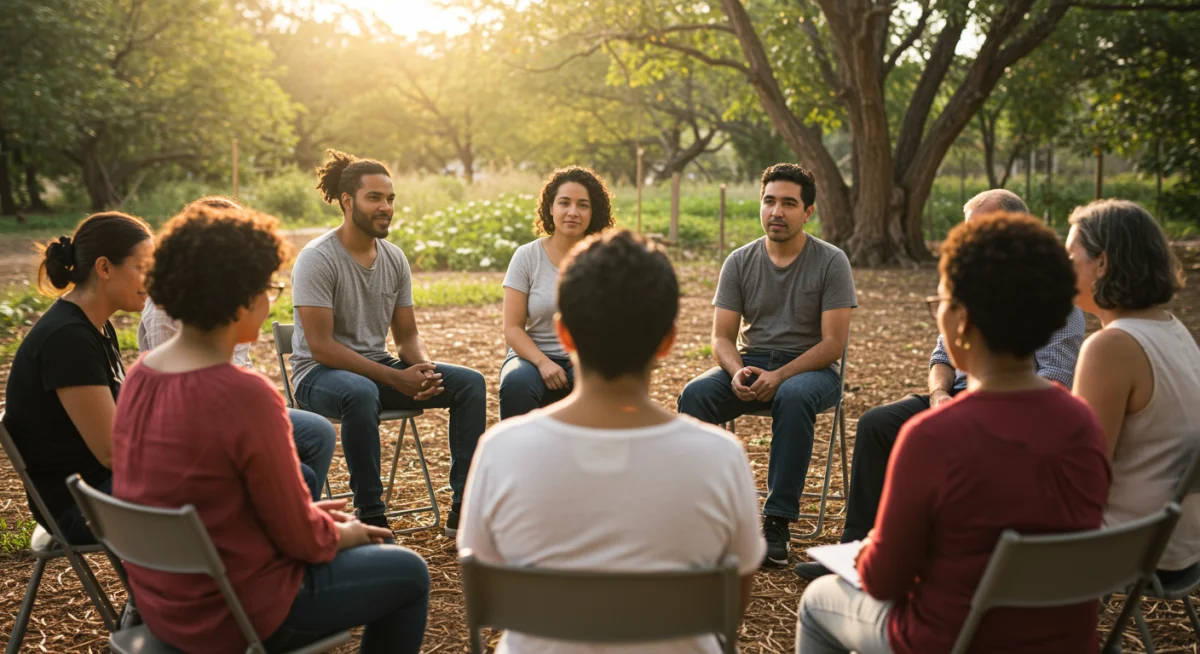 Diverse group in a circle, engaged in conscious communication and community.