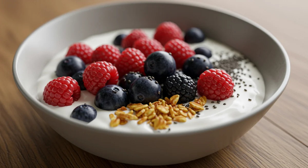 Delicious and nutritious Greek yogurt breakfast bowl with berries and seeds.