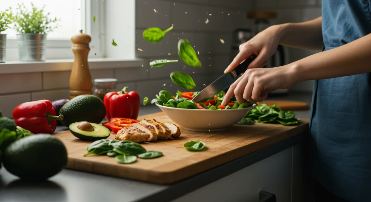 Person preparing a fresh, protein-rich salad with grilled chicken and various vegetables.