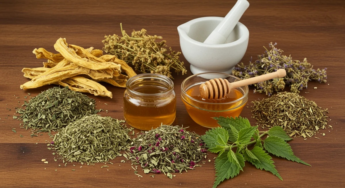 Assortment of dried herbs and local honey on a rustic wooden table, representing natural allergy ingredients.