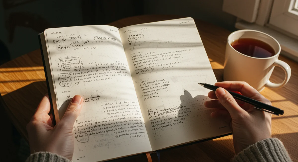 Hands journaling, symbolizing reflective practice and setting intentions.