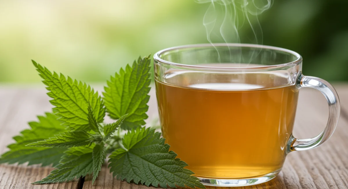 Warm cup of nettle tea with fresh nettle leaves, illustrating a common herbal allergy remedy.