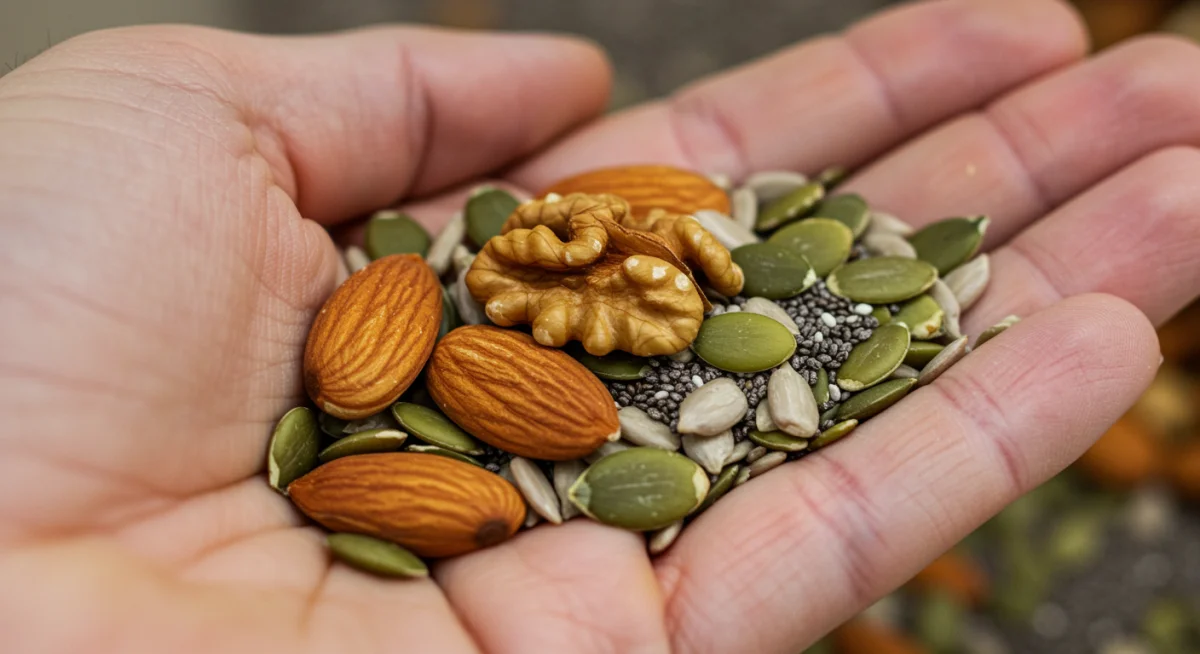 Hand holding a variety of nutrient-dense seeds and nuts
