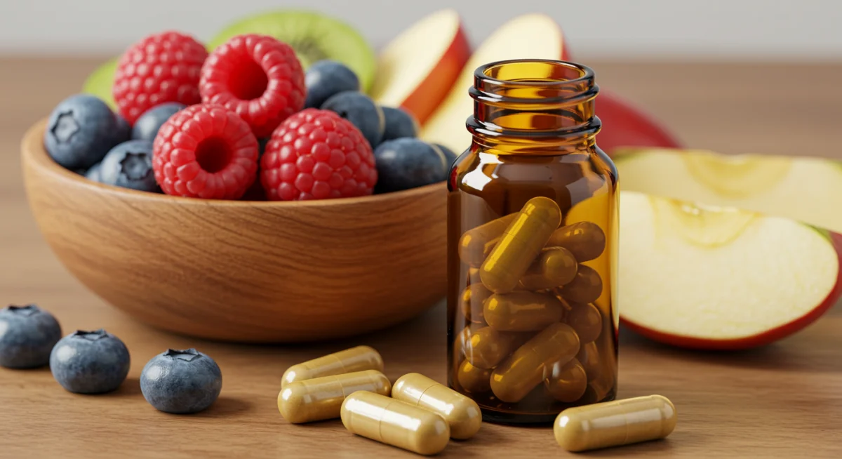 Quercetin supplement bottle with fresh berries and apples, emphasizing natural sources for allergy management.