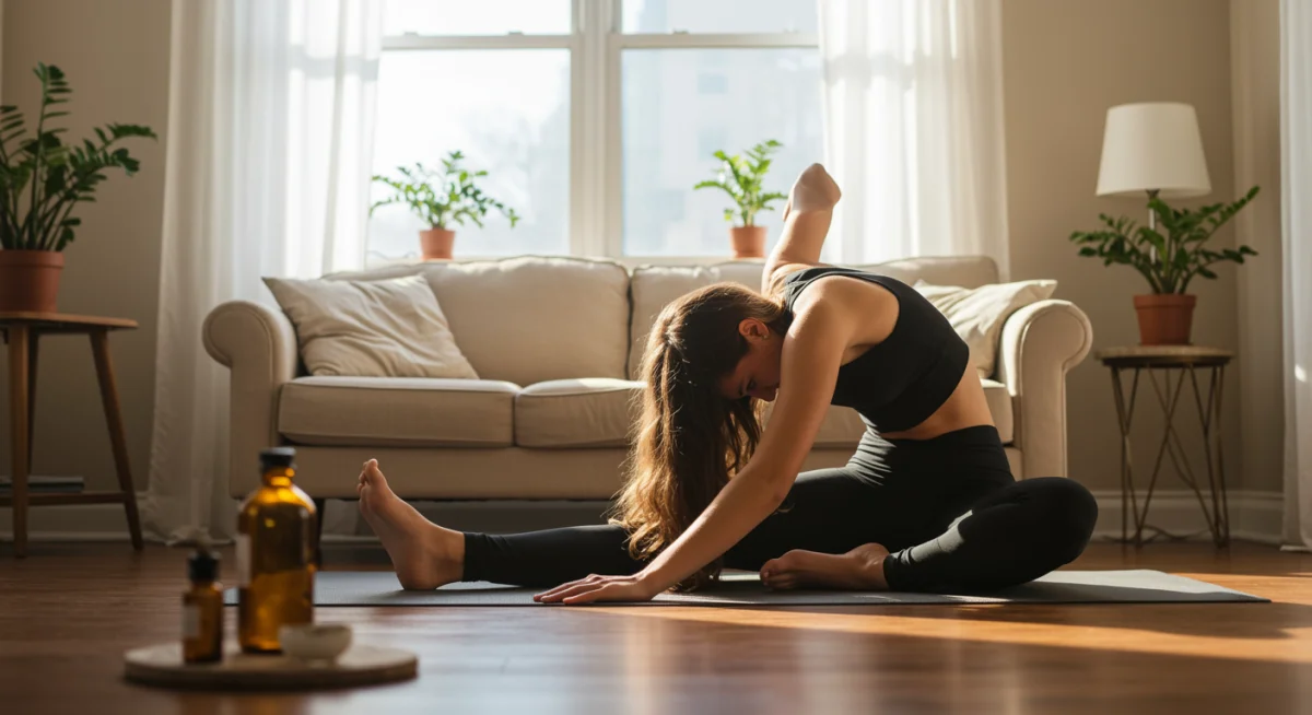 Person stretching for pain management with homeopathic support