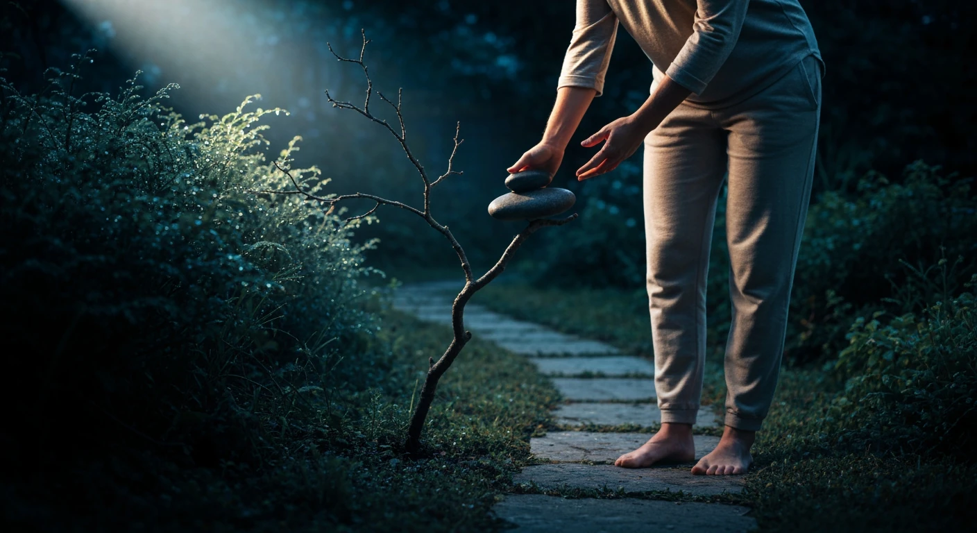 A person delicately balancing a river stone on a gnarled branch, representing the five pillars of holistic well-being in a tranquil garden, illustrating balanced living.