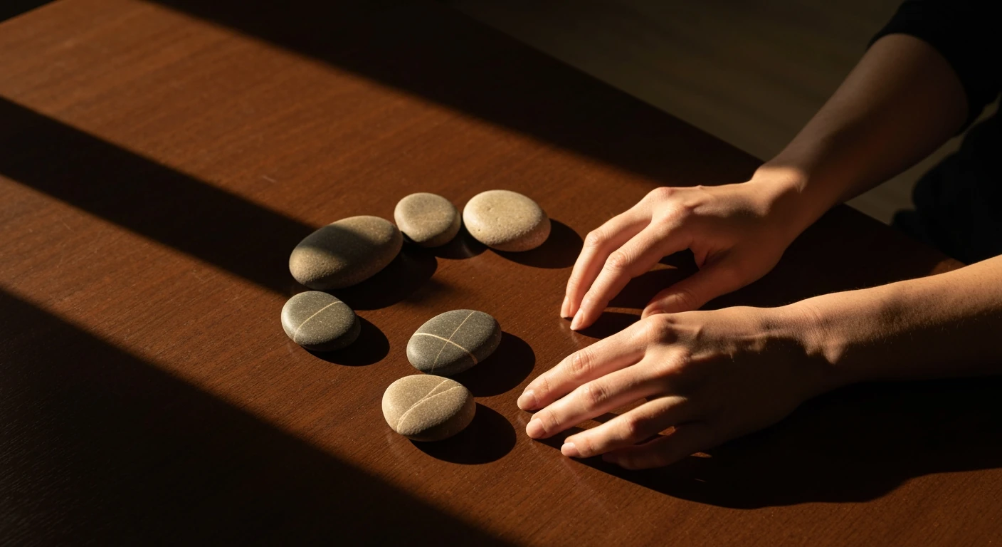 A person's hands delicately arranging five river stones in a spiral on a dark wood table, each stone symbolizing a pillar of holistic wellness, bathed in warm, dramatic light.