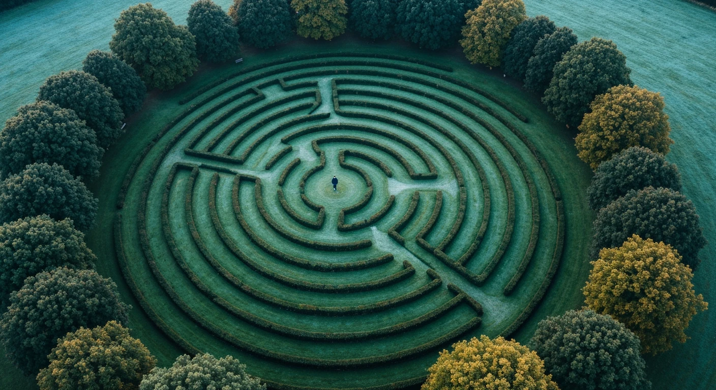 Aerial view of a person walking a lush green labyrinth, representing the personal journey of spiritual wellness and connection to nature.