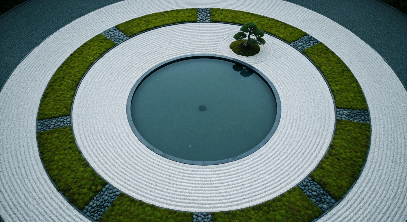 Aerial view of a serene zen garden with a circular reflecting pool, surrounded by concentric rings of raked gravel and moss, symbolizing holistic balance and interconnectedness.