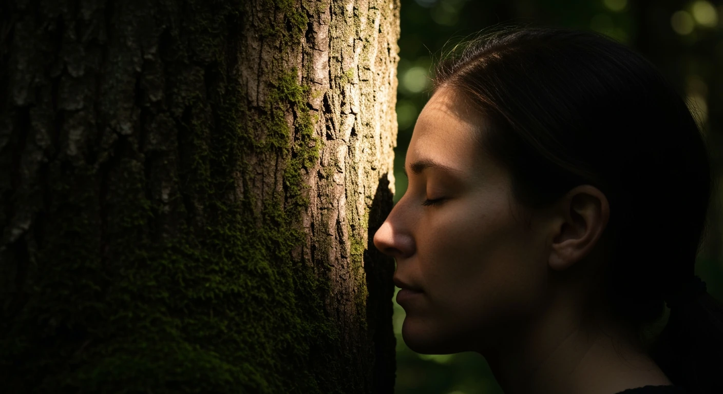 Profile of a person with eyes closed, forehead gently touching a moss-covered tree trunk, bathed in a dramatic beam of sunlight, symbolizing holistic well-being.