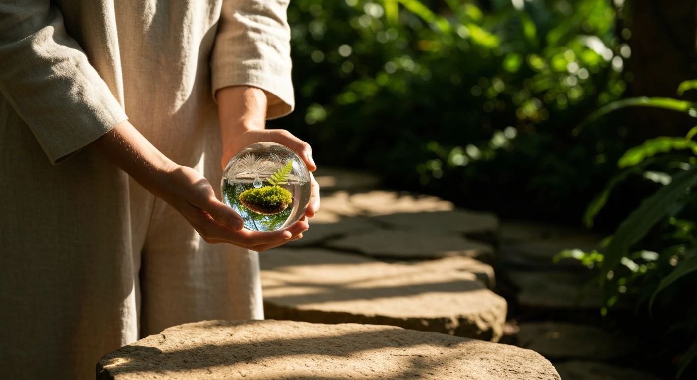 A person holding a glass orb reflecting a tiny ecosystem in a botanical garden, symbolizing holistic health and integrated well-being.