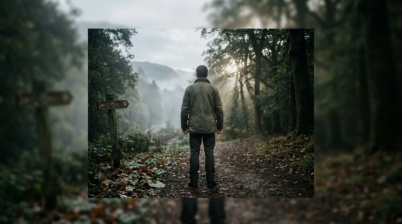 Person on a misty forest path at dawn, observing the changing light, symbolizing the deep connection between human health and natural seasonal cycles.