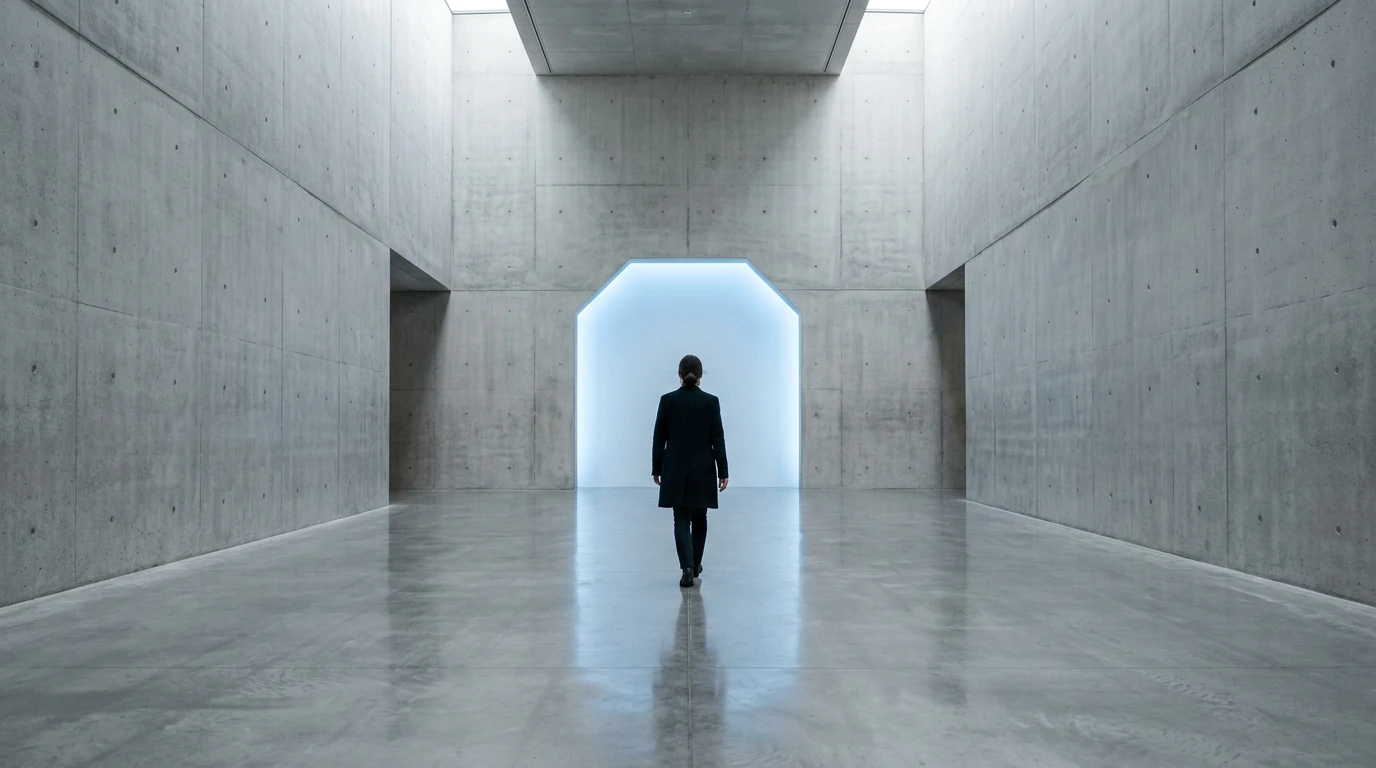A person, seen from behind, walks towards a softly glowing blue geometric archway in a minimalist concrete gallery, symbolizing the personal quest for balanced living.