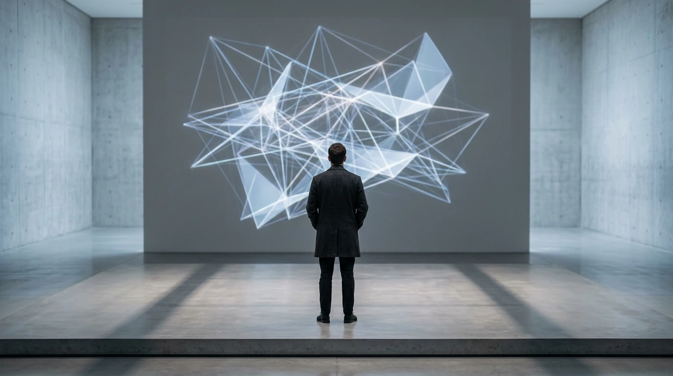 Person standing on a concrete platform, observing a luminous geometric projection on a wall, symbolizing mindful awareness and the integration of present moment focus into daily life.