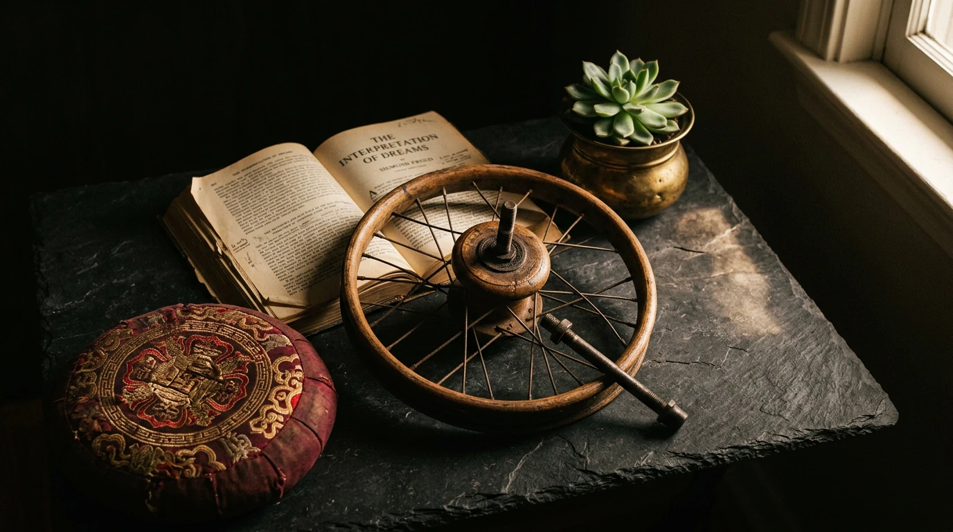 A vintage bicycle wheel hub, psychology textbook, and a green succulent on a dark slate surface, dramatically lit to symbolize the interconnectedness of various wellness dimensions in a healthy lifestyle.