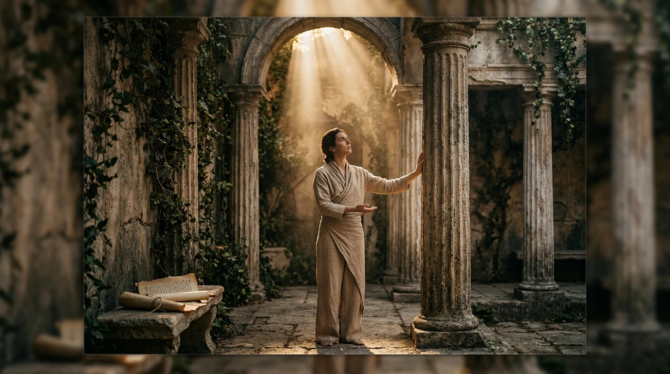 A person in ancient attire stands in a sun-dappled stone courtyard, touching a weathered pillar, symbolizing the historical roots and holistic nature of natural wellness.