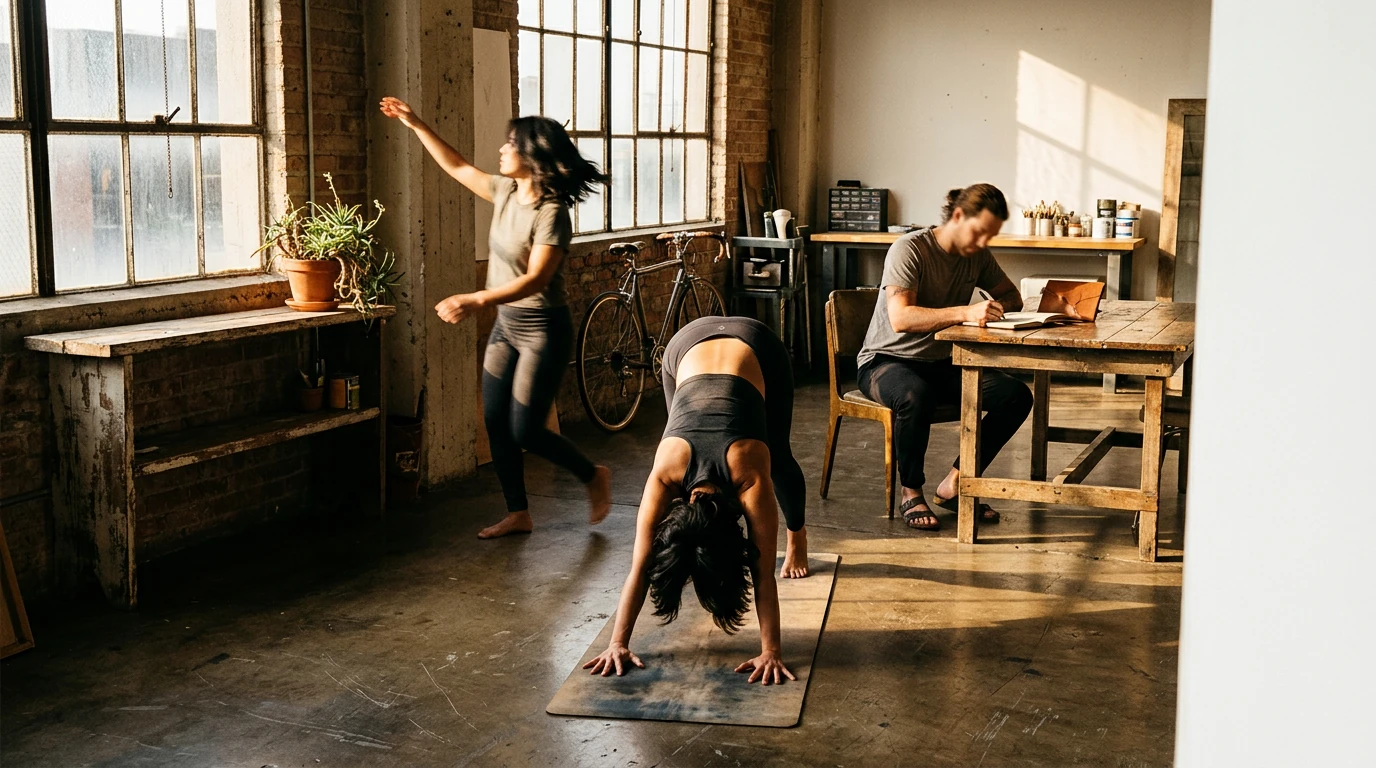 Three individuals engaged in holistic activities—stretching, journaling, and tending to a plant—in a sunlit, industrial studio, symbolizing interconnected well-being.