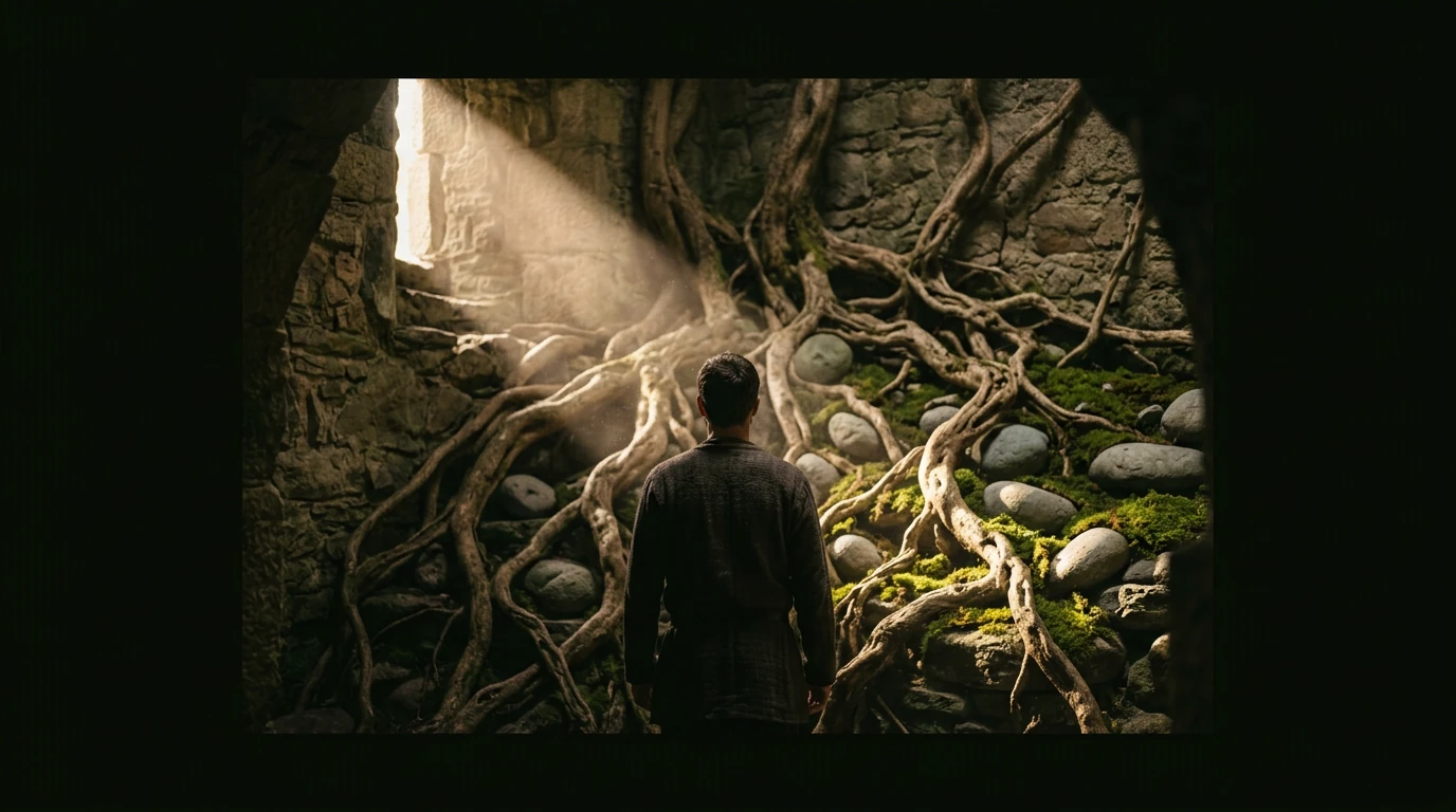 A person standing in an ancient stone chamber, illuminated by a single light beam highlighting interconnected tree roots and moss, symbolizing holistic health foundations.