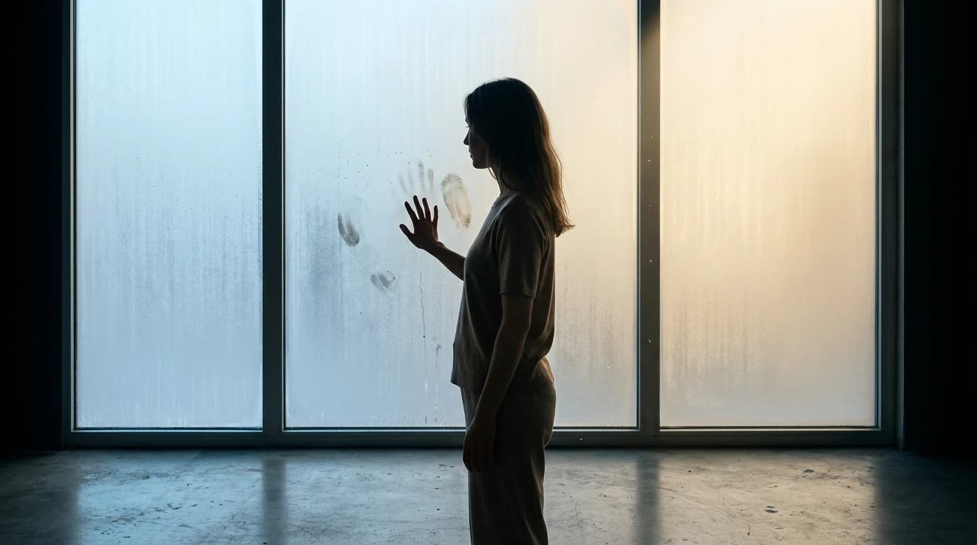 Side view of a person silhouetted against a window showing a seasonal light transition from cool winter to warm summer, emphasizing the impact of light on health.