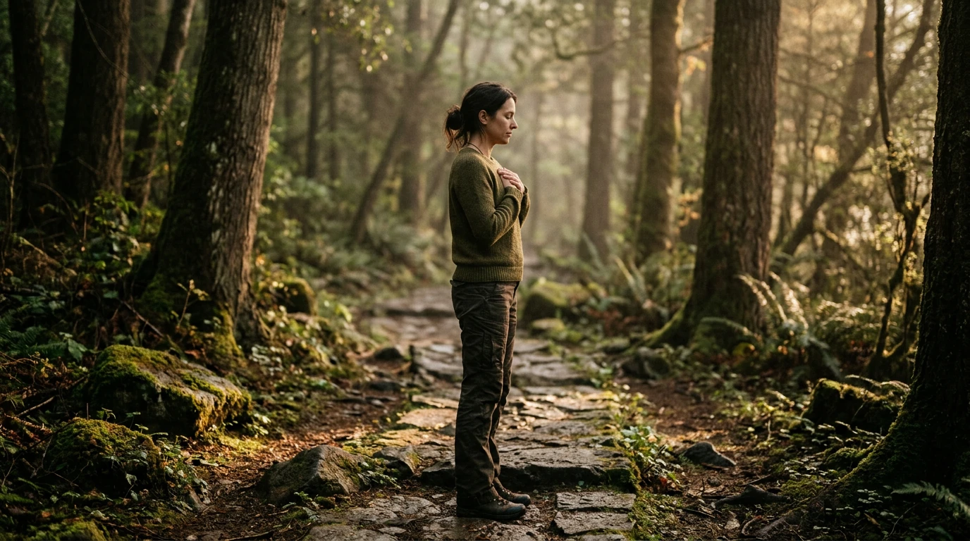 A person stands contemplatively on a dewy forest path at dawn, hands over their heart, embodying natural wellness and mind-body connection.