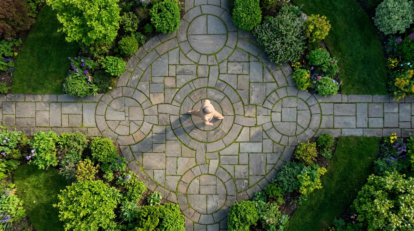 Aerial view of a person walking on a geometric stone path in a garden, symbolizing a structured self-care journey.