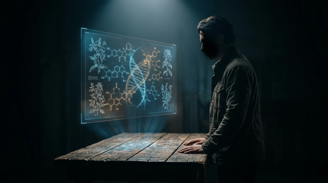 A person observing a holographic display merging organic molecular structures with botanical illustrations, symbolizing the evolution of natural wellness through science and tradition.