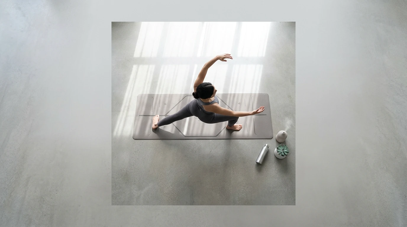A bird's-eye view of a person performing a mindful movement on a geometric yoga mat on a concrete floor, symbolizing the evolving landscape of daily wellness and proactive health.